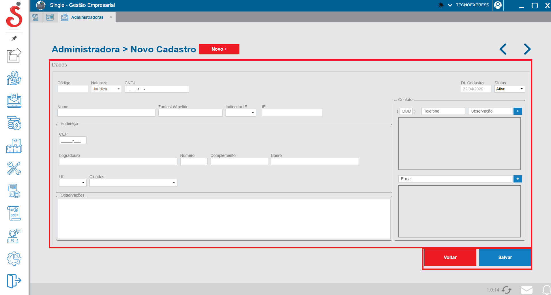 Tela de novo cadastro de administradoras