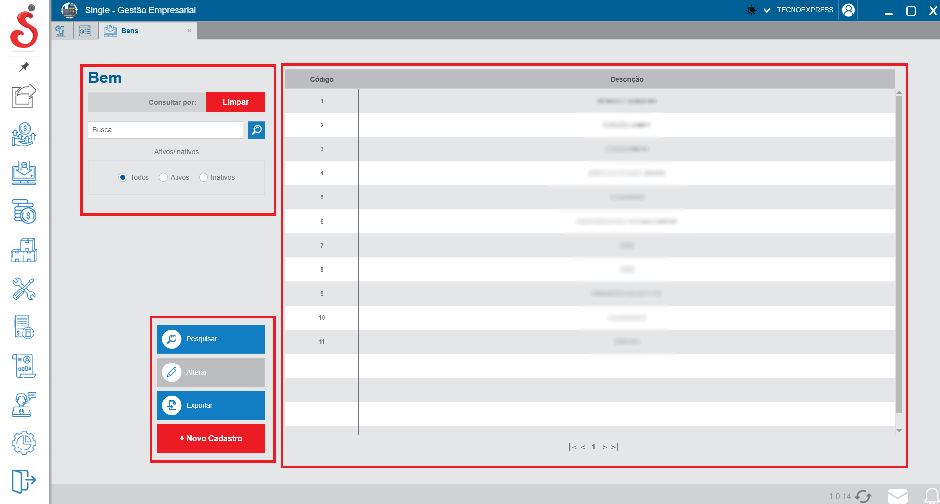 Tela inicial de busca de bens