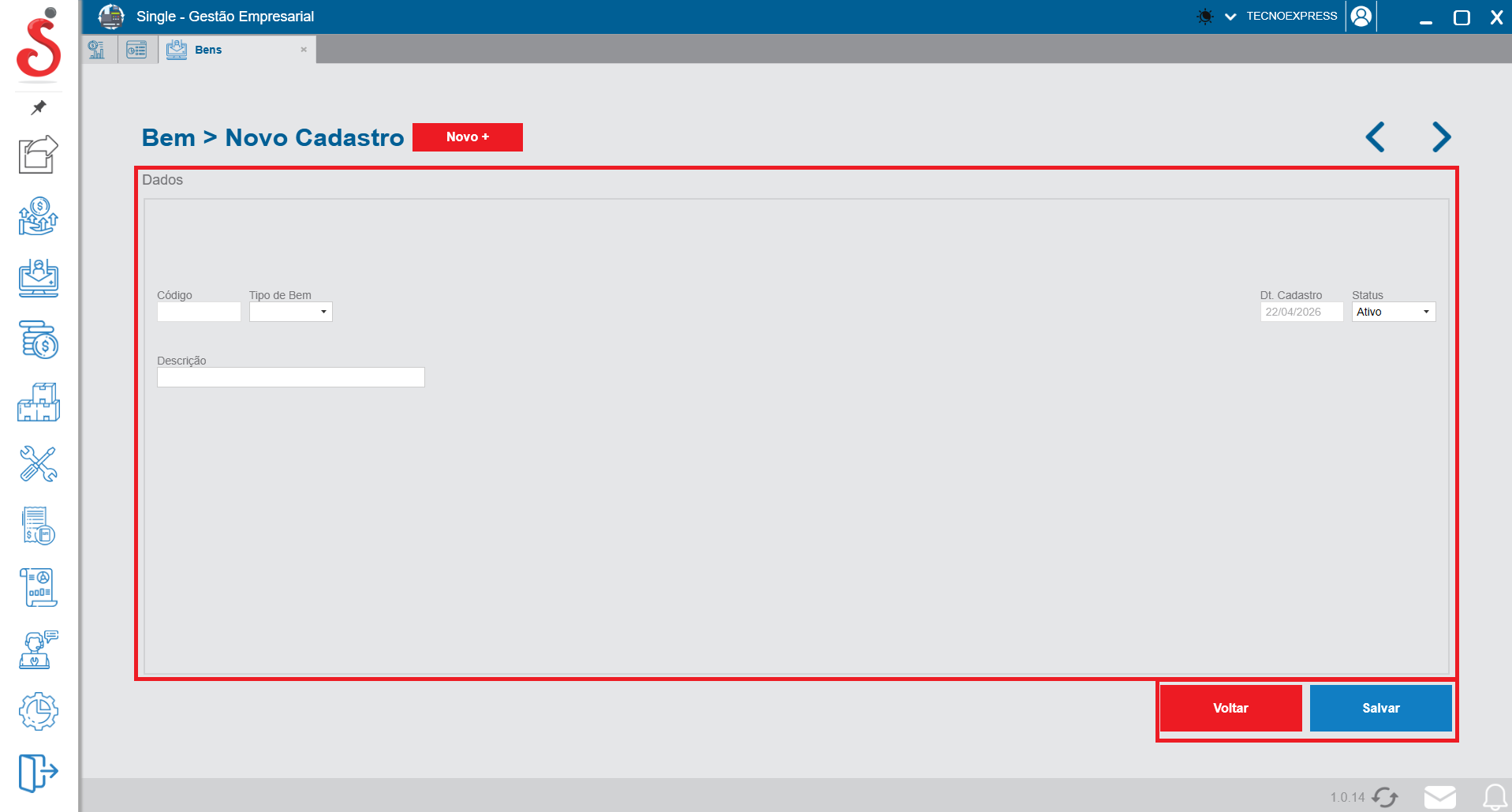 Tela de novo cadastro de bens