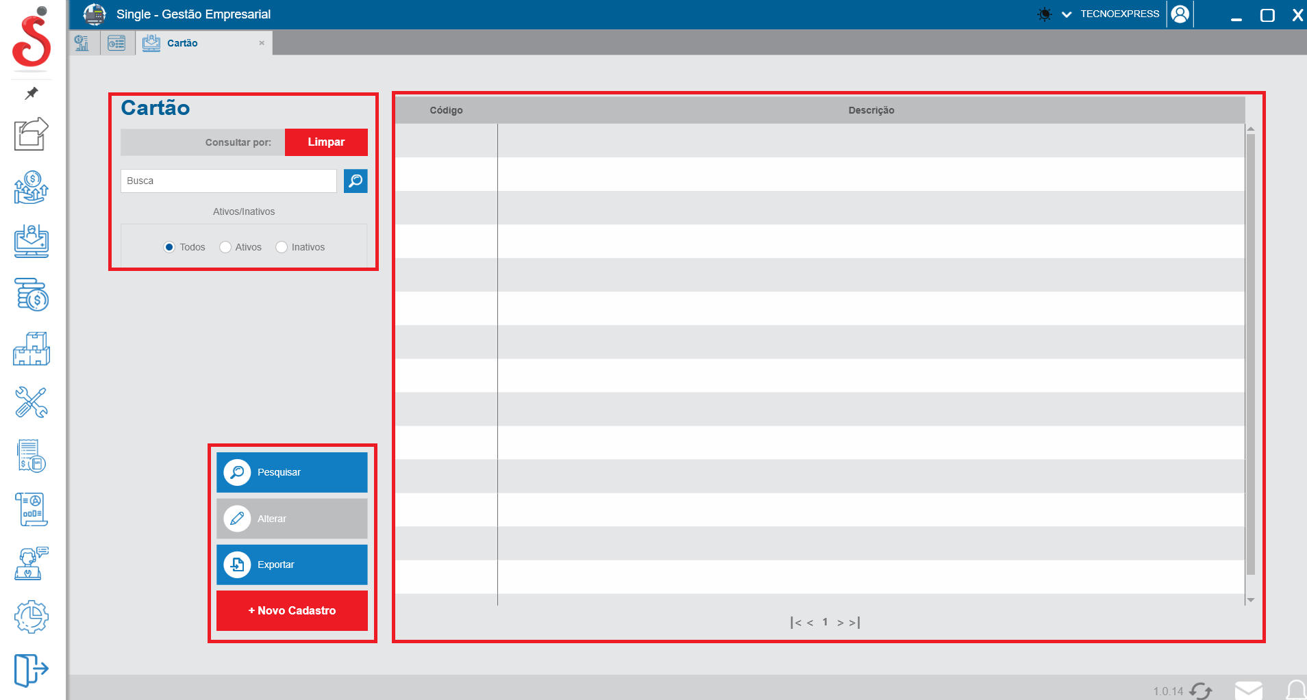 Tela inicial de busca de cartão