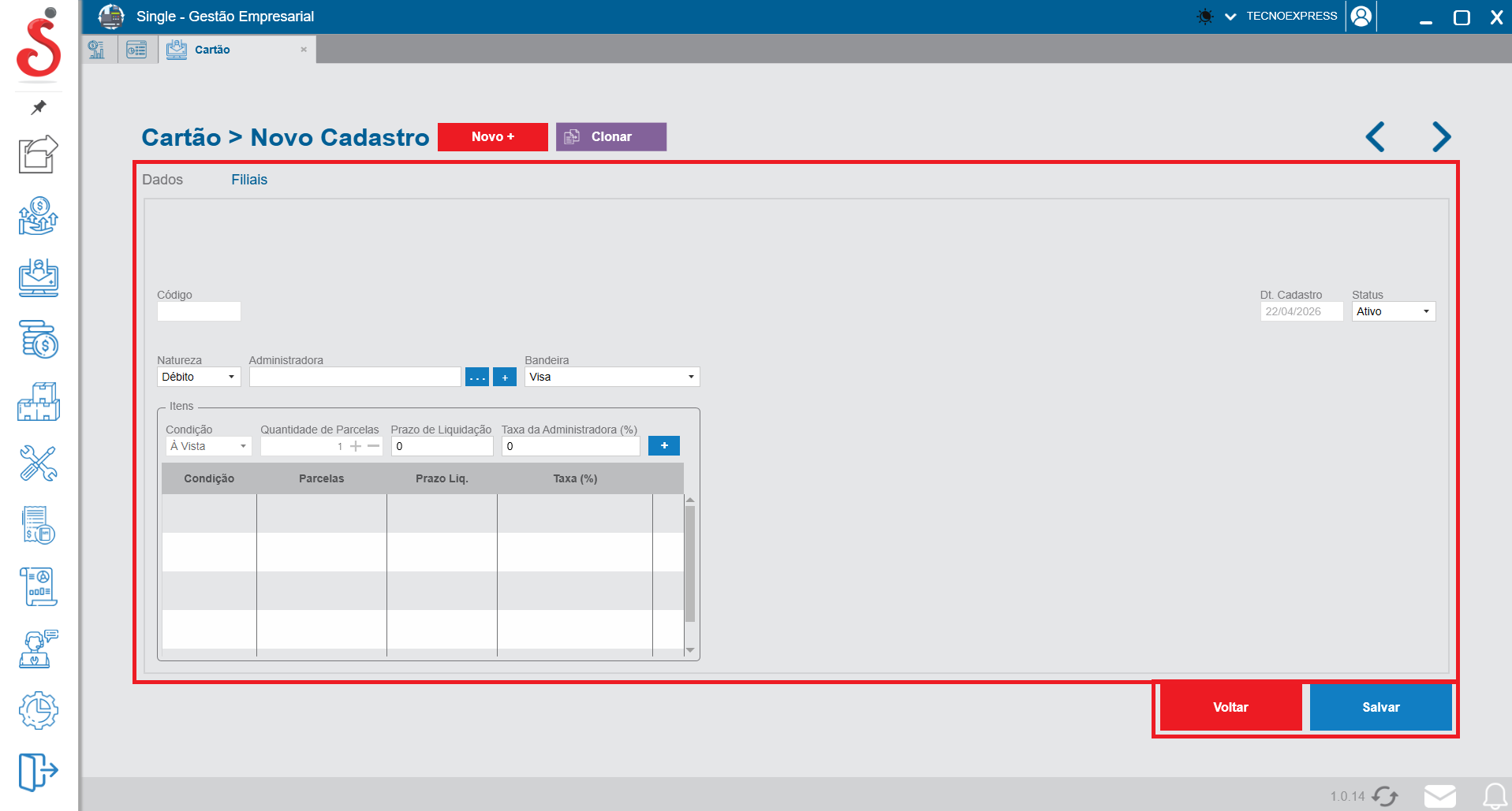 Tela de novo cadastro de cartão