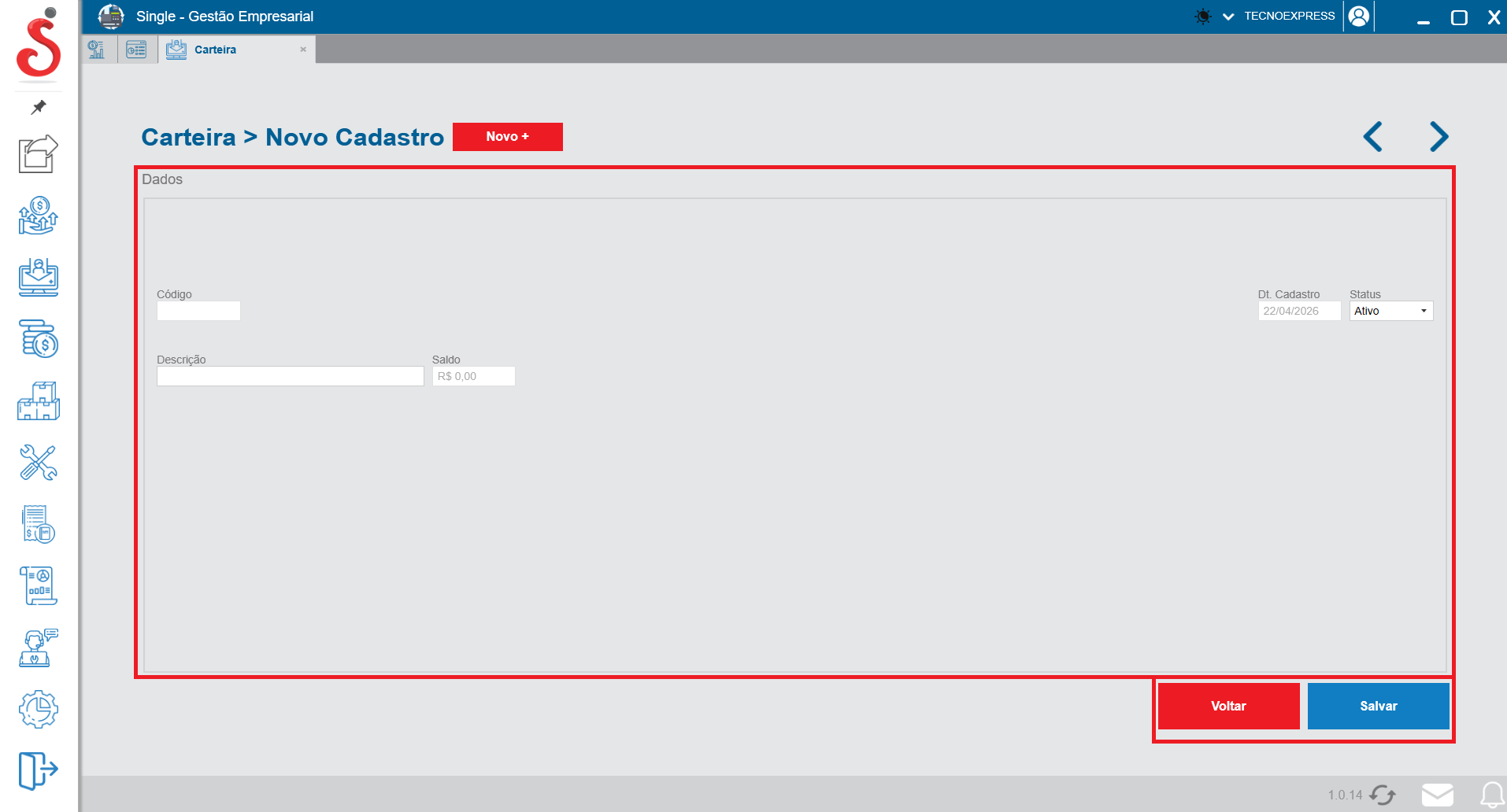 Tela de novo cadastro de carteira