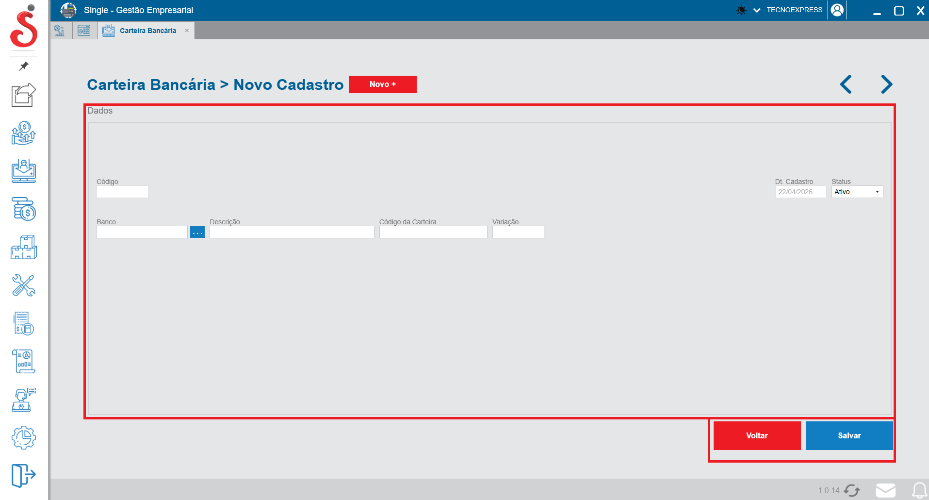 Tela de novo cadastro de carteira bancária