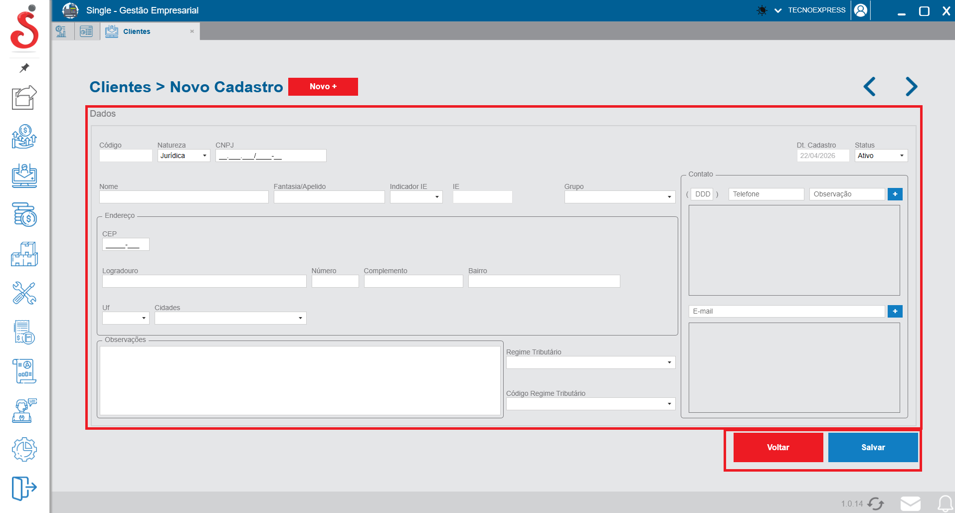 Tela de novo cadastro de clientes