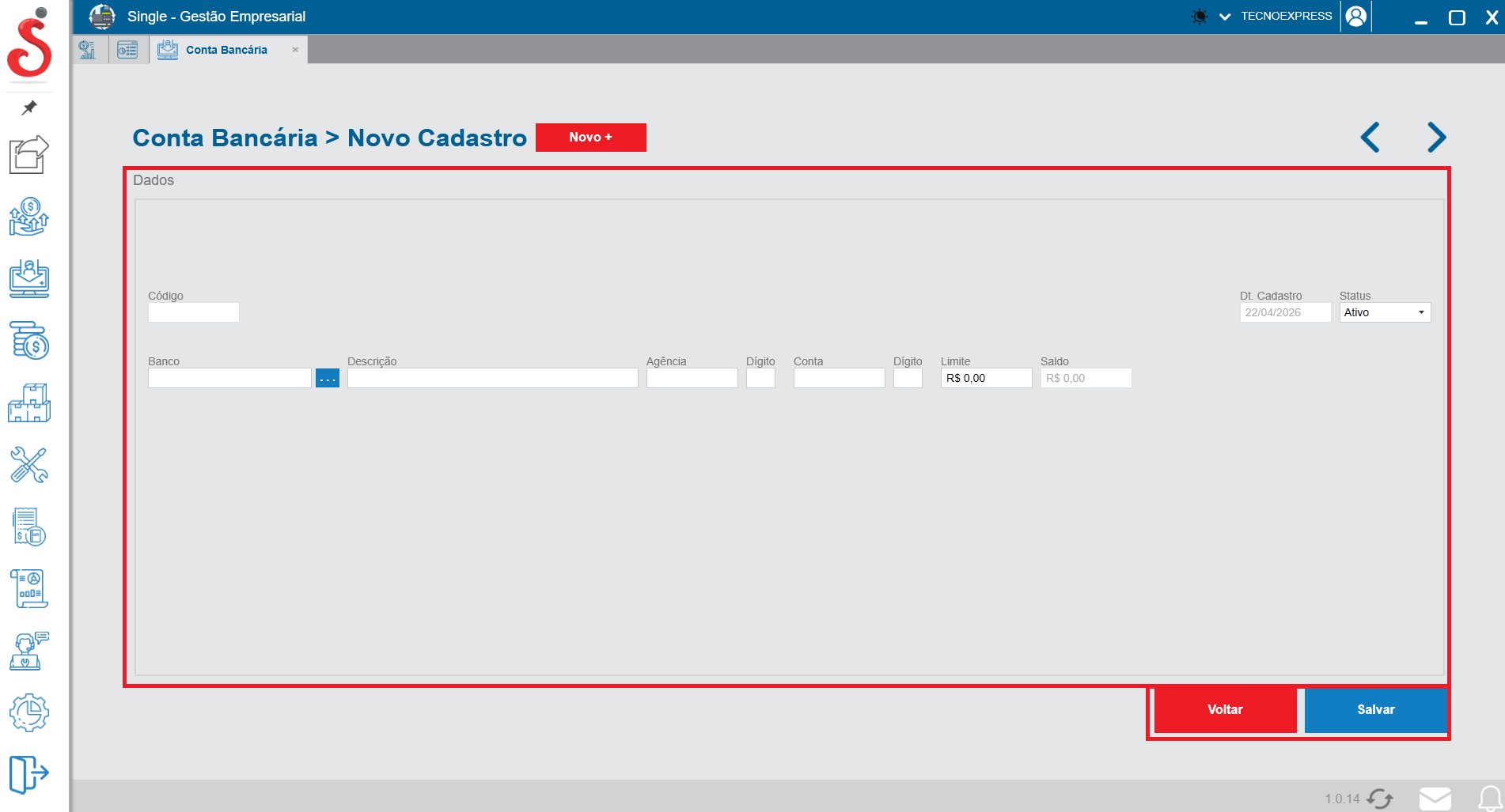 Tela de novo cadastro de conta bancária