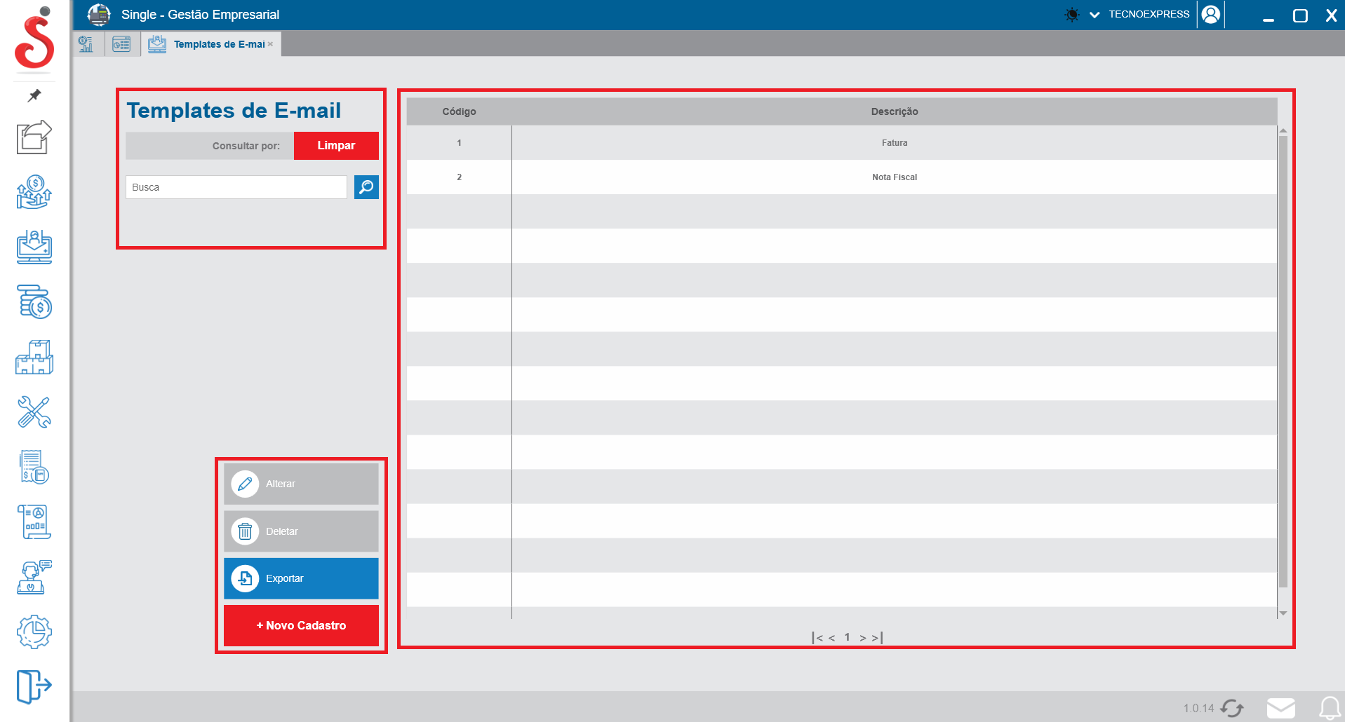 Tela inicial de busca de templates de e-mail