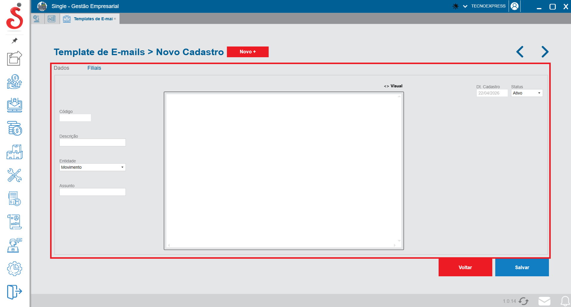 Tela de novo cadastro de templates de e-mail