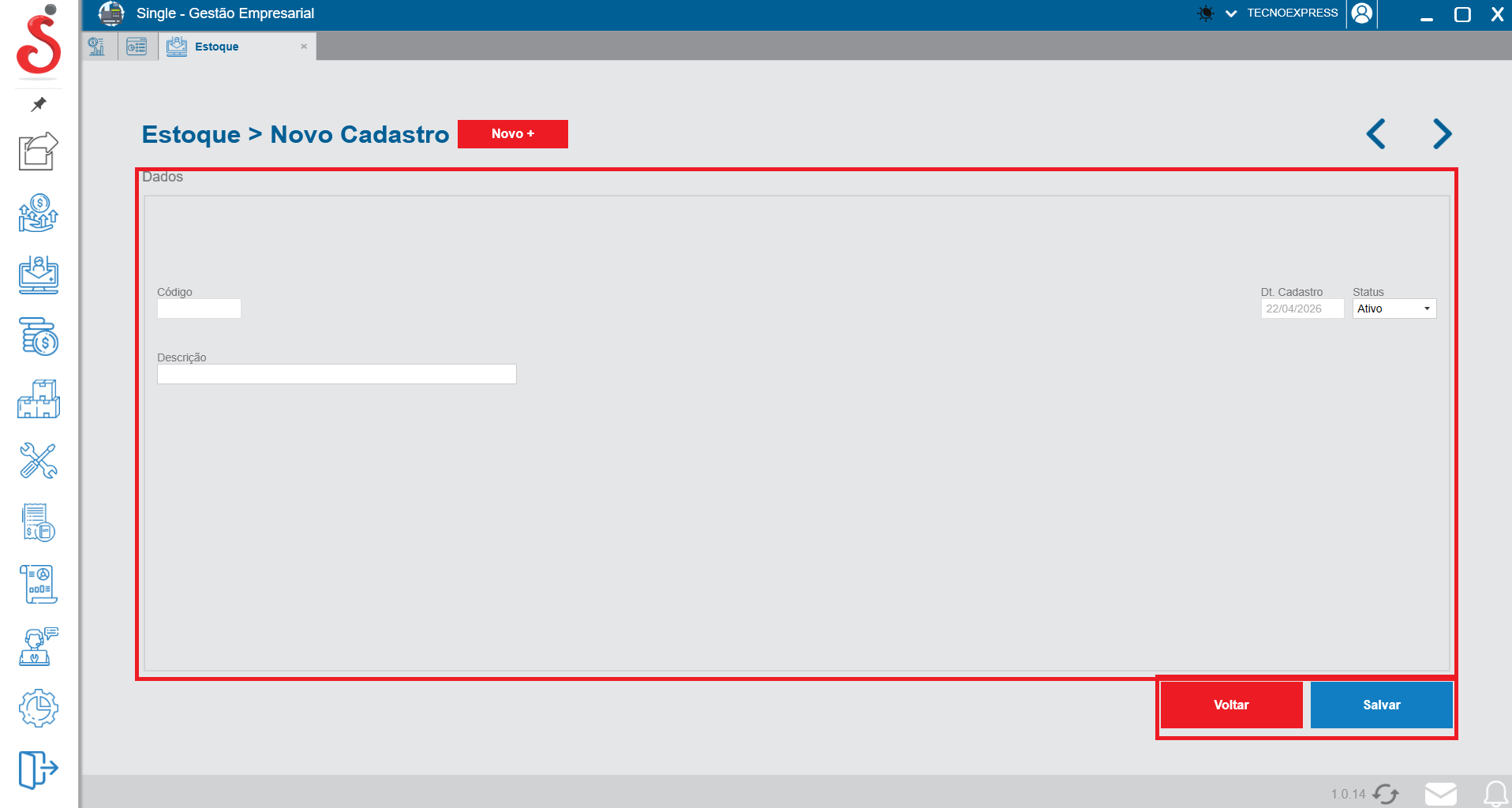 Tela de novo cadastro de estoques