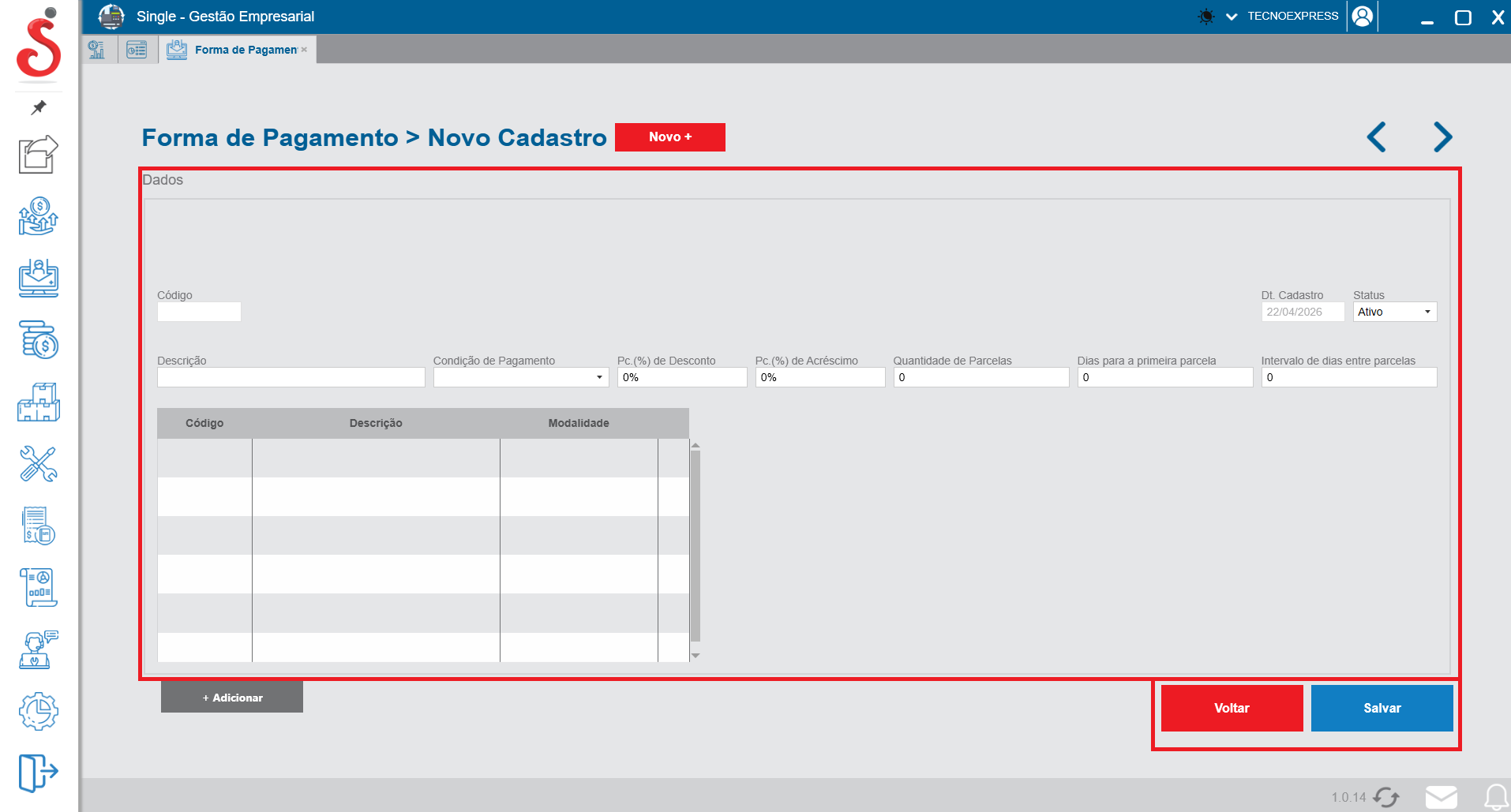 Tela de novo cadastro de forma de pagamento