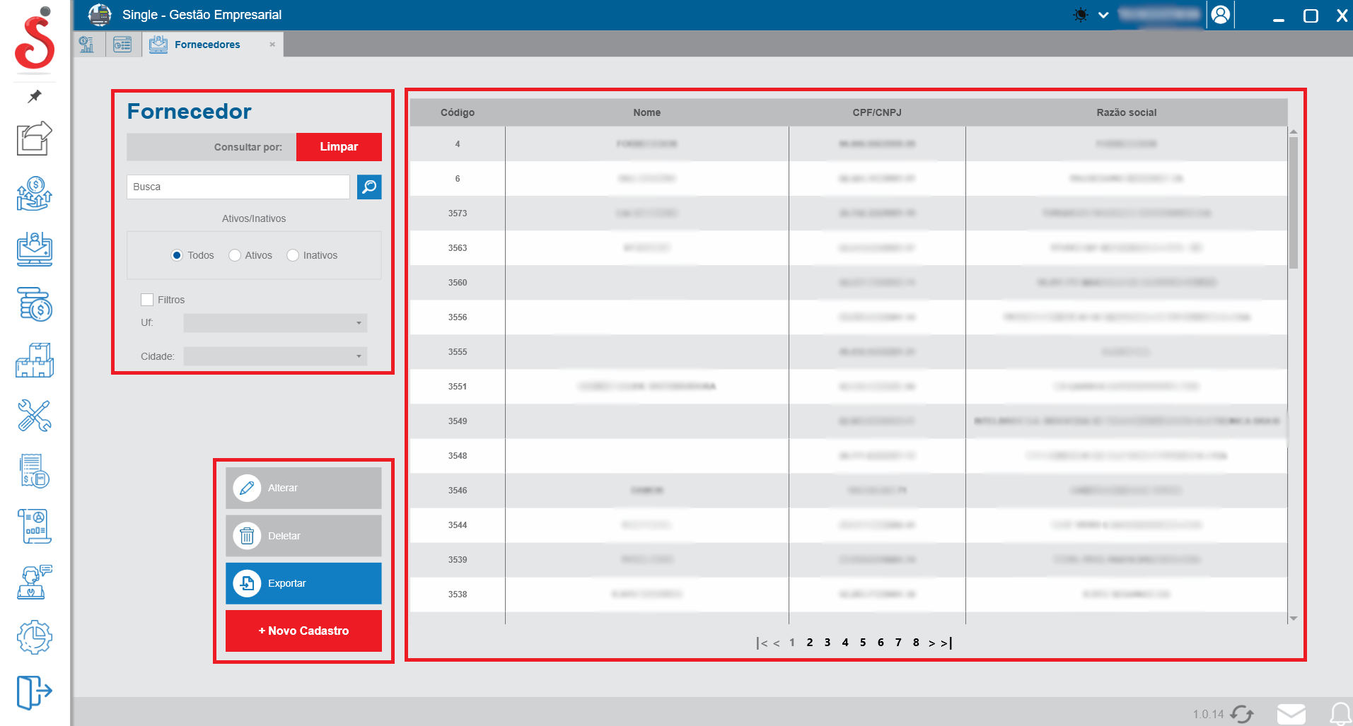 Tela inicial de cadastro de fornecedores