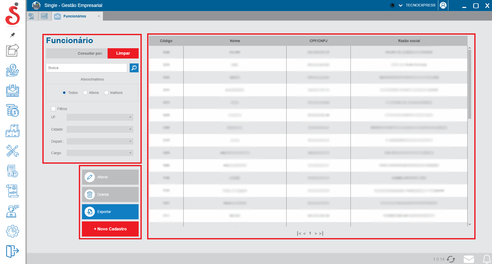 Tela inicial de cadastro de funcionários