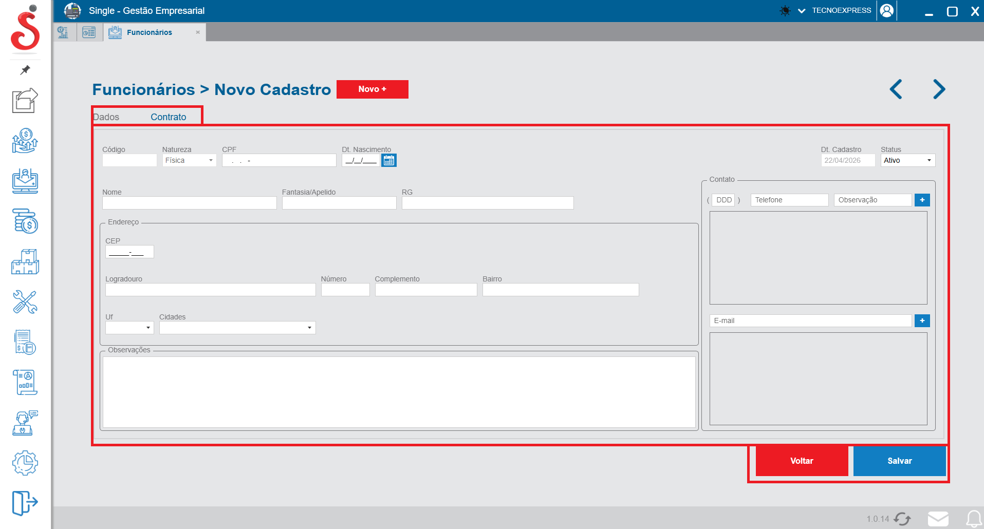 Tela de novo cadastro de funcionários