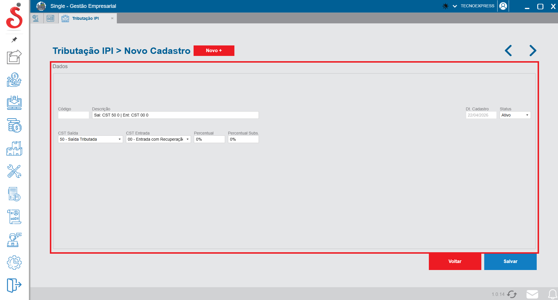 Tela de novo cadastro de tributação IPI