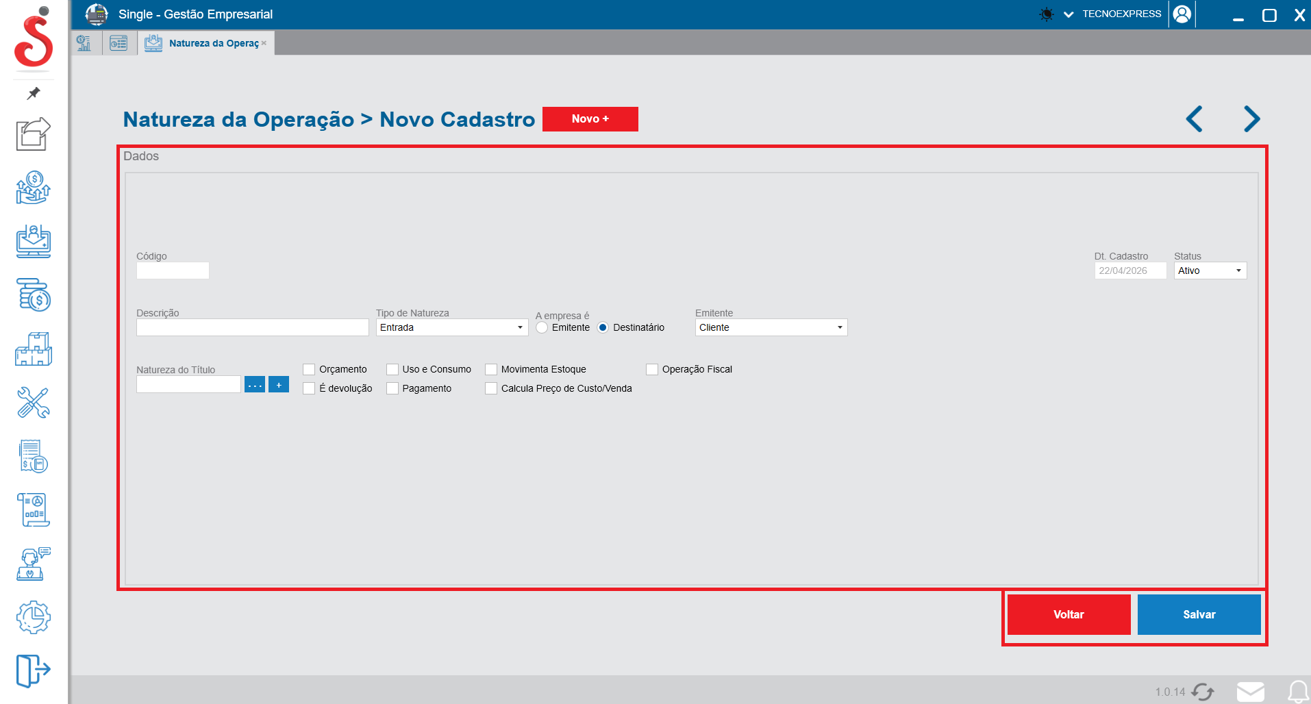 Tela de novo cadastro de natureza da operação