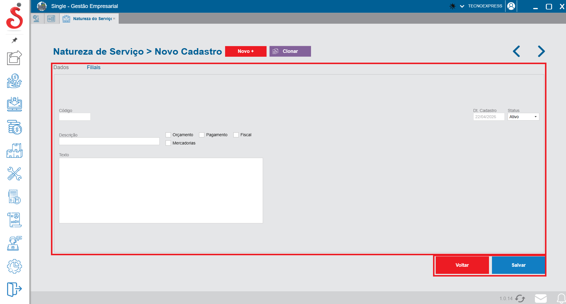 Tela inicial de busca de natureza do serviço