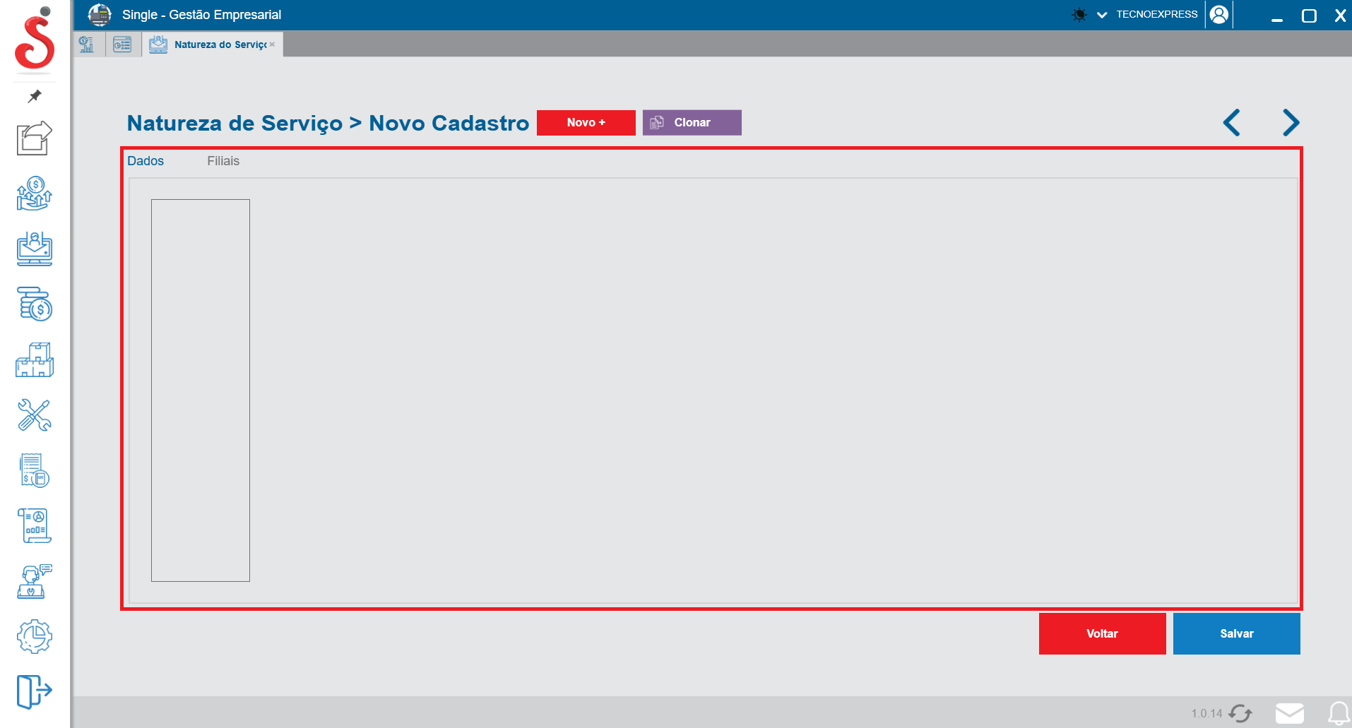 Tela de novo cadastro de natureza do serviço