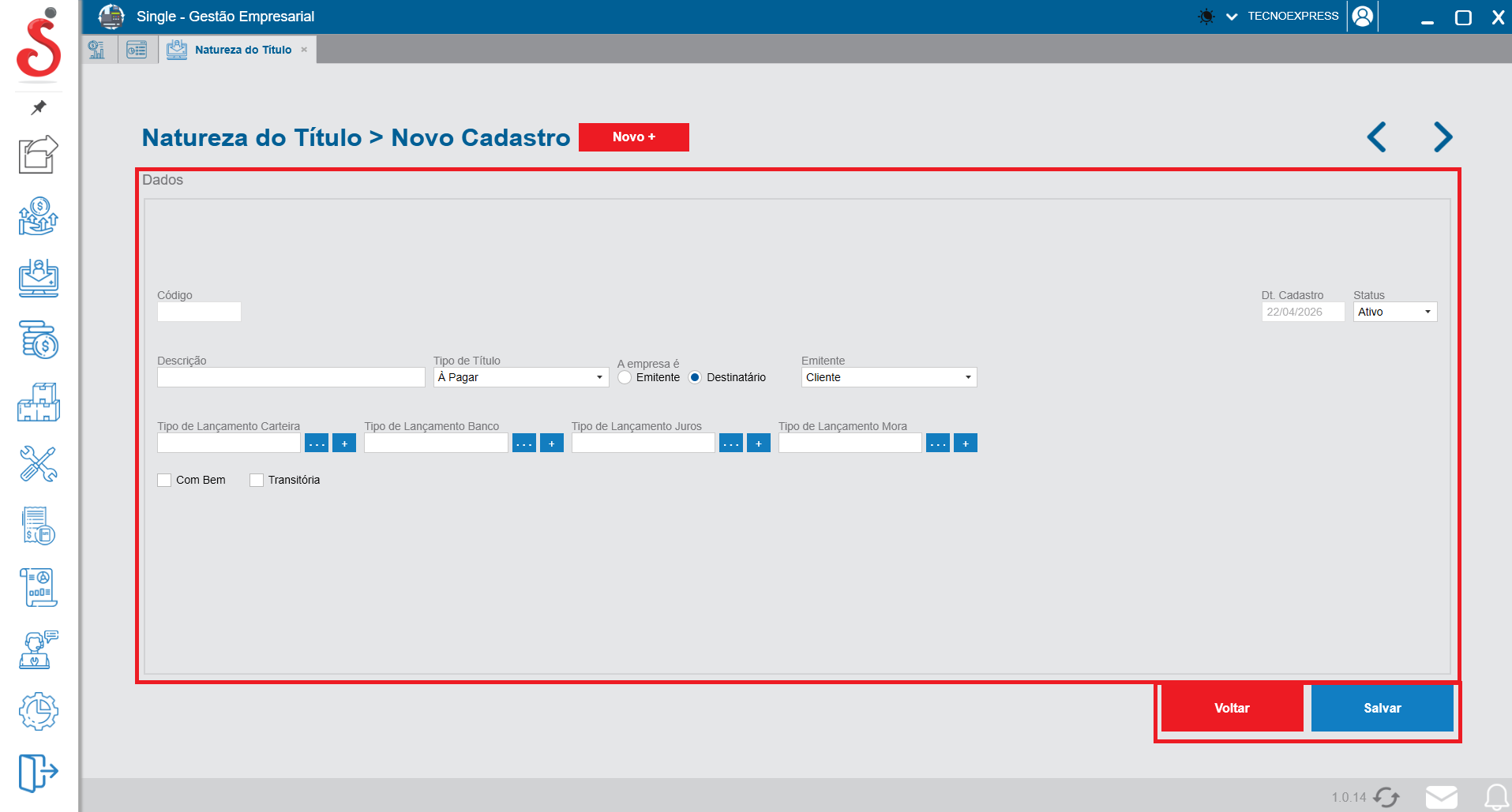 Tela de novo cadastro de natureza do título