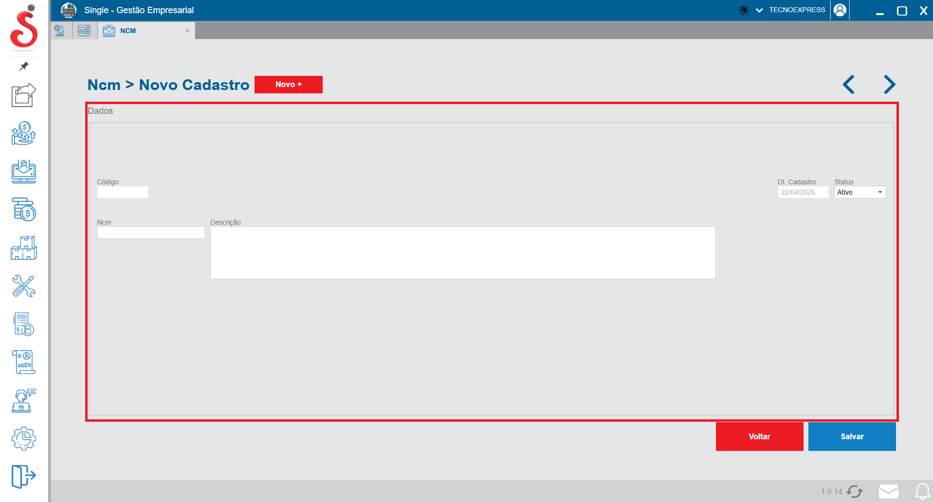 Tela de novo cadastro de NCM