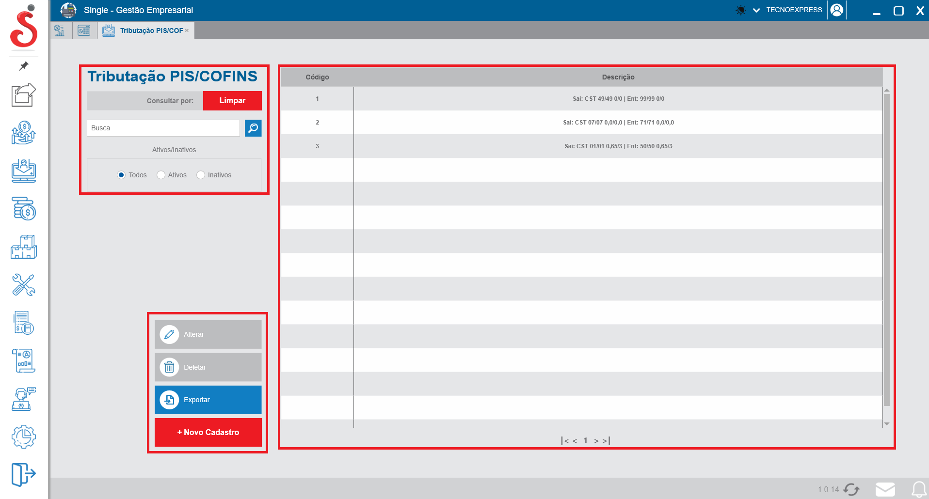 Tela inicial de busca de tributação PIS/COFINS