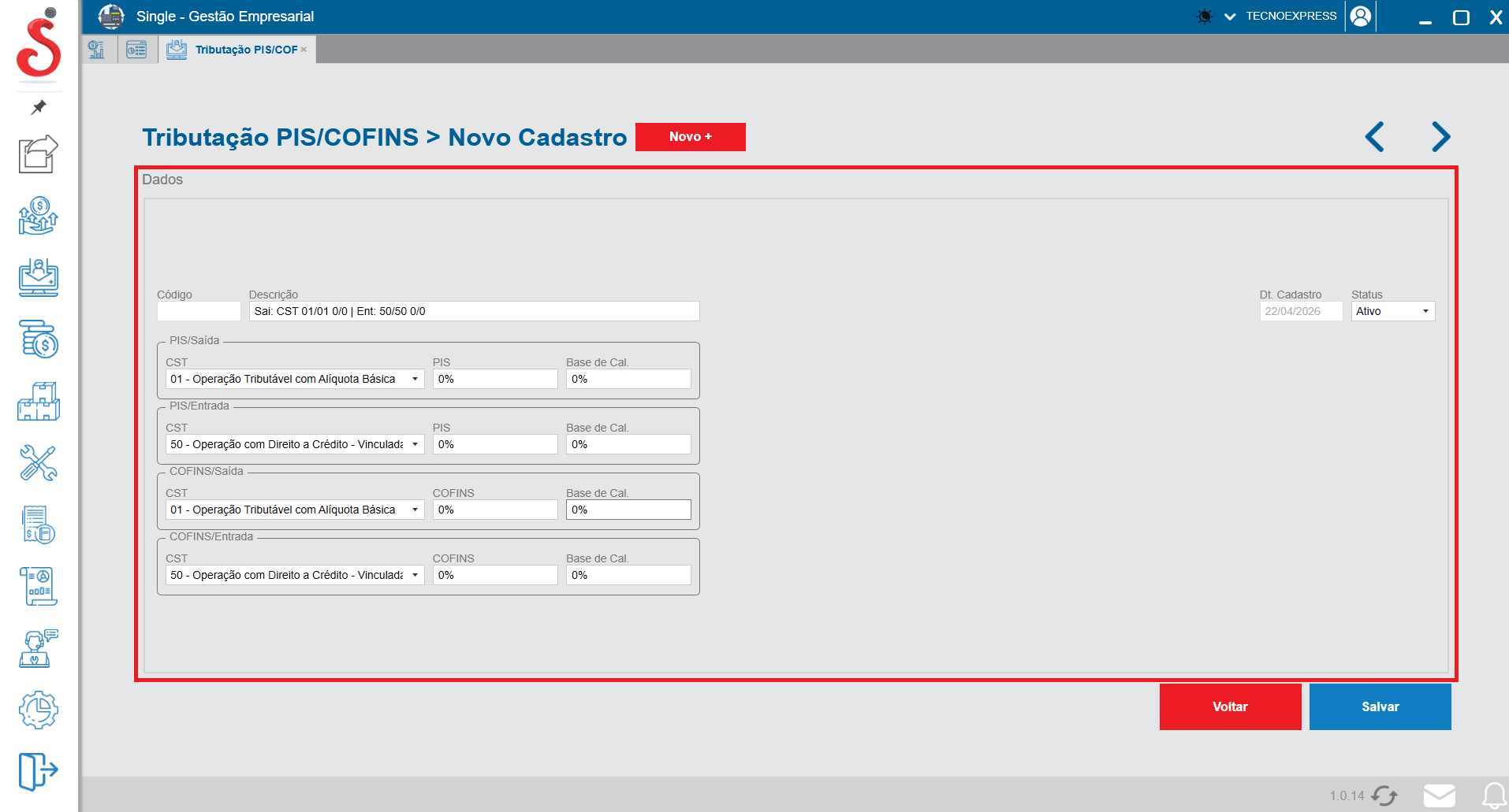 Tela de novo cadastro de tributação PIS/COFINS