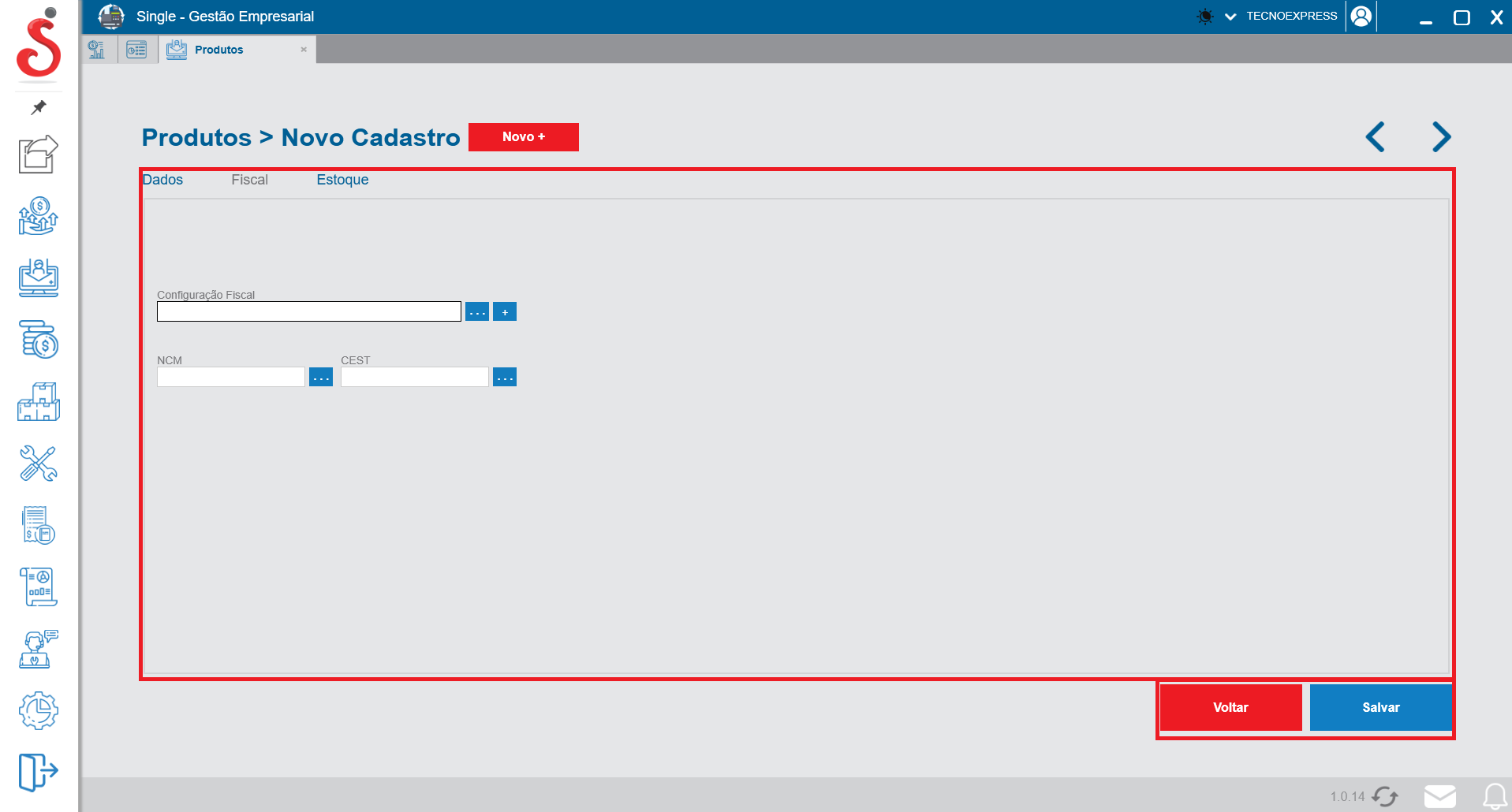 Tela de novo cadastro de produtos - aba fiscal