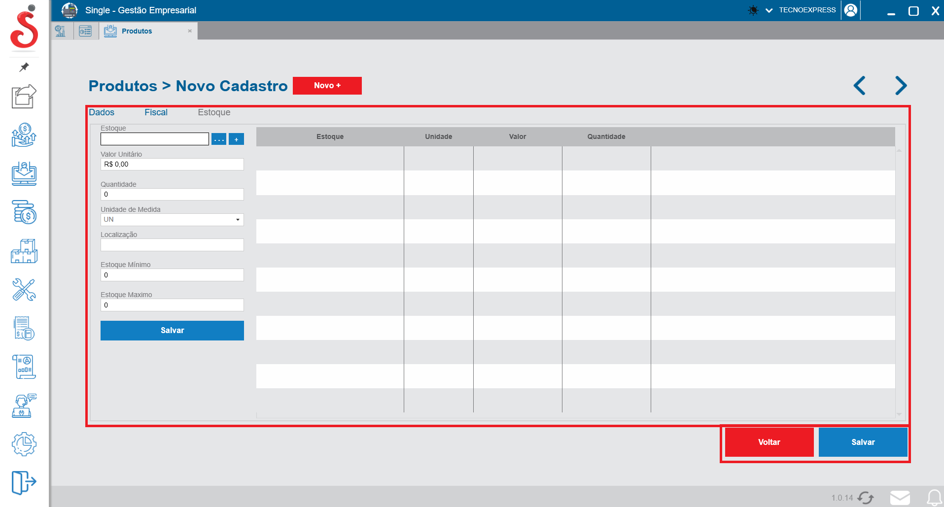 Tela de novo cadastro de produtos - aba estoque