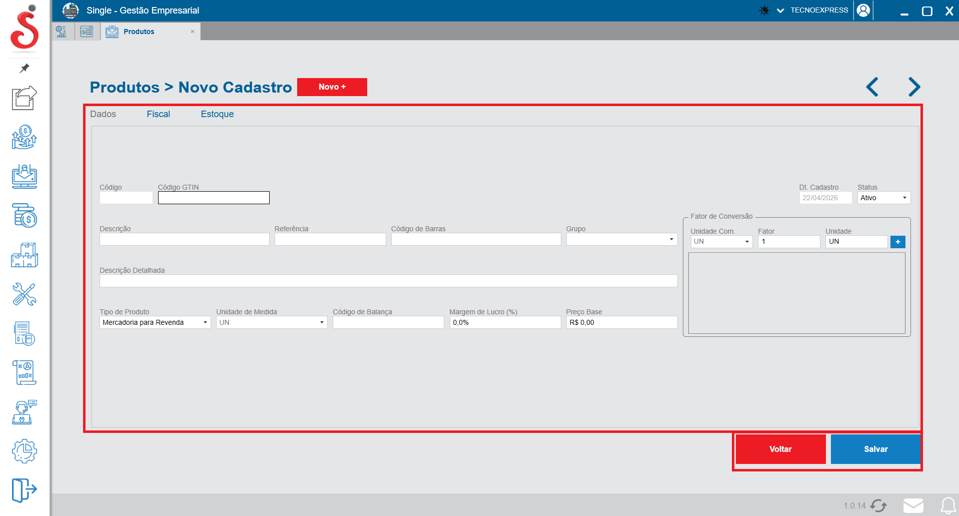 Tela de novo cadastro de produtos - aba dados
