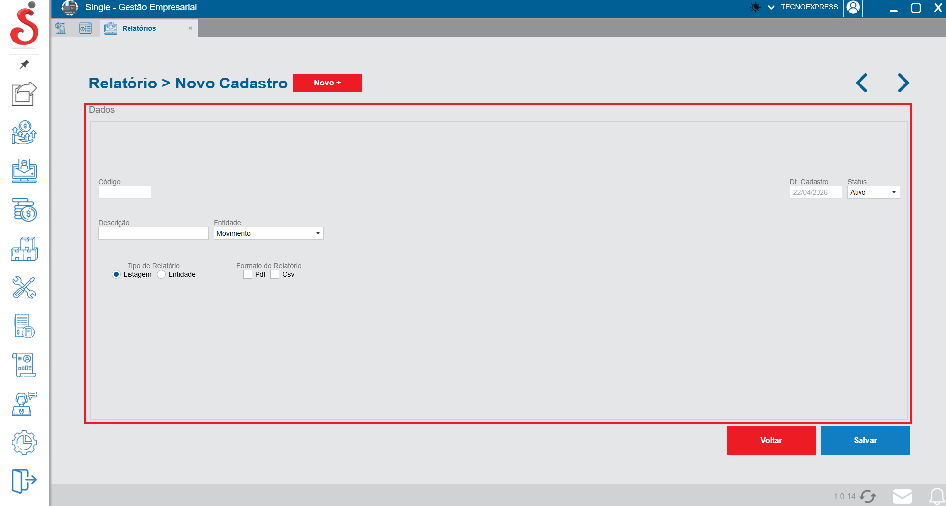 Tela de novo cadastro de relatório