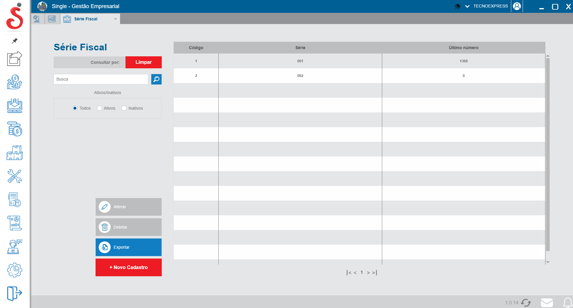Tela de novo cadastro de série fiscal