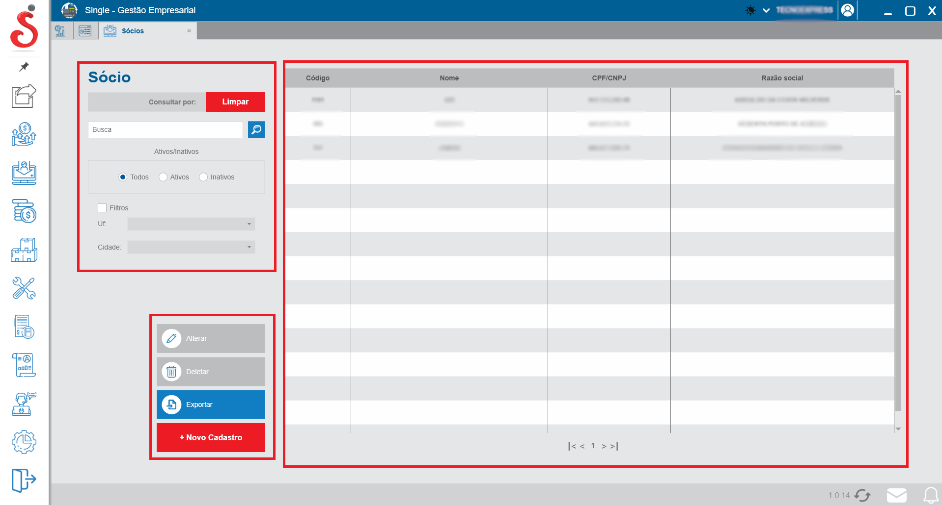 Tela inicial de cadastro de sócios