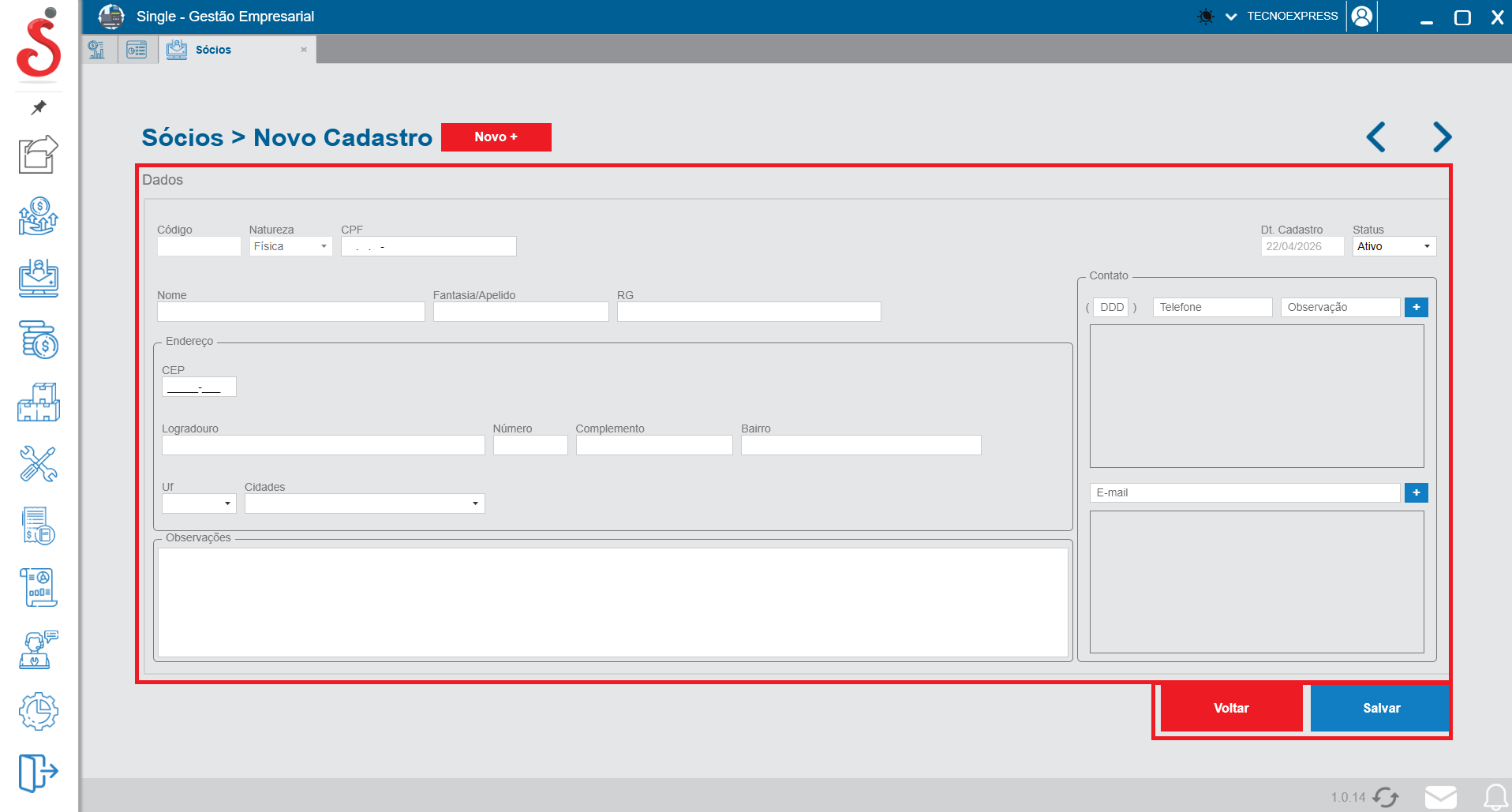 Tela de novo cadastro de sócios