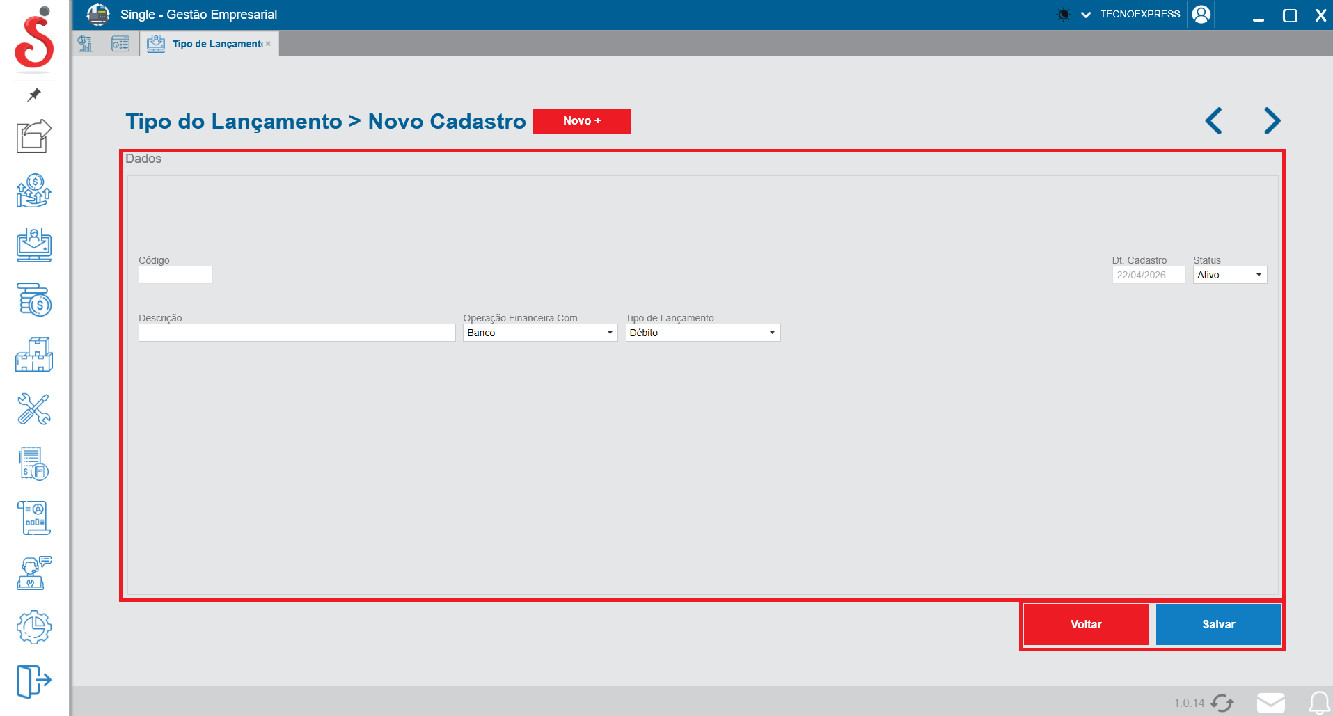 Tela de novo cadastro de tipo de lançamento