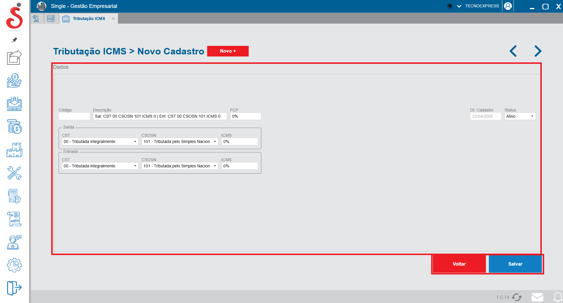 Tela de novo cadastro de tributação ICMS