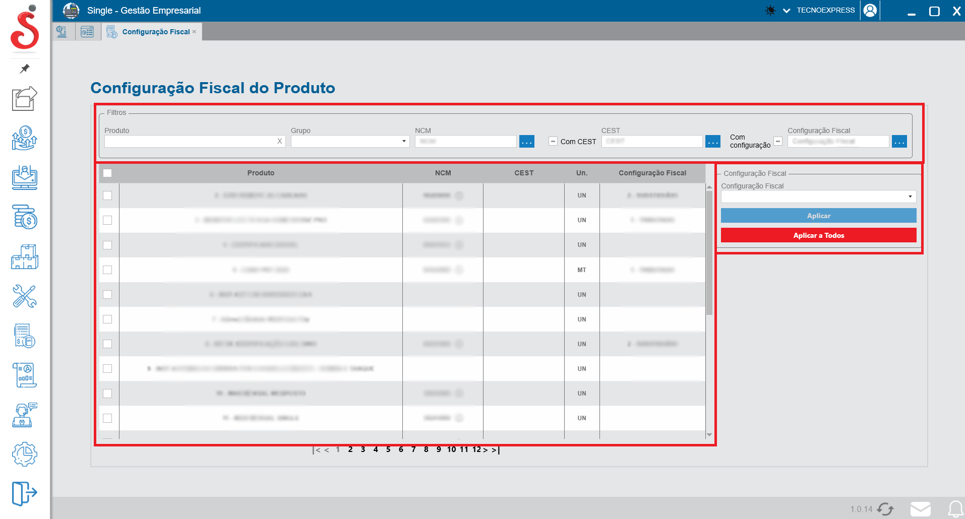 Tela de aplicação em lote de configurações fiscais aos produtos