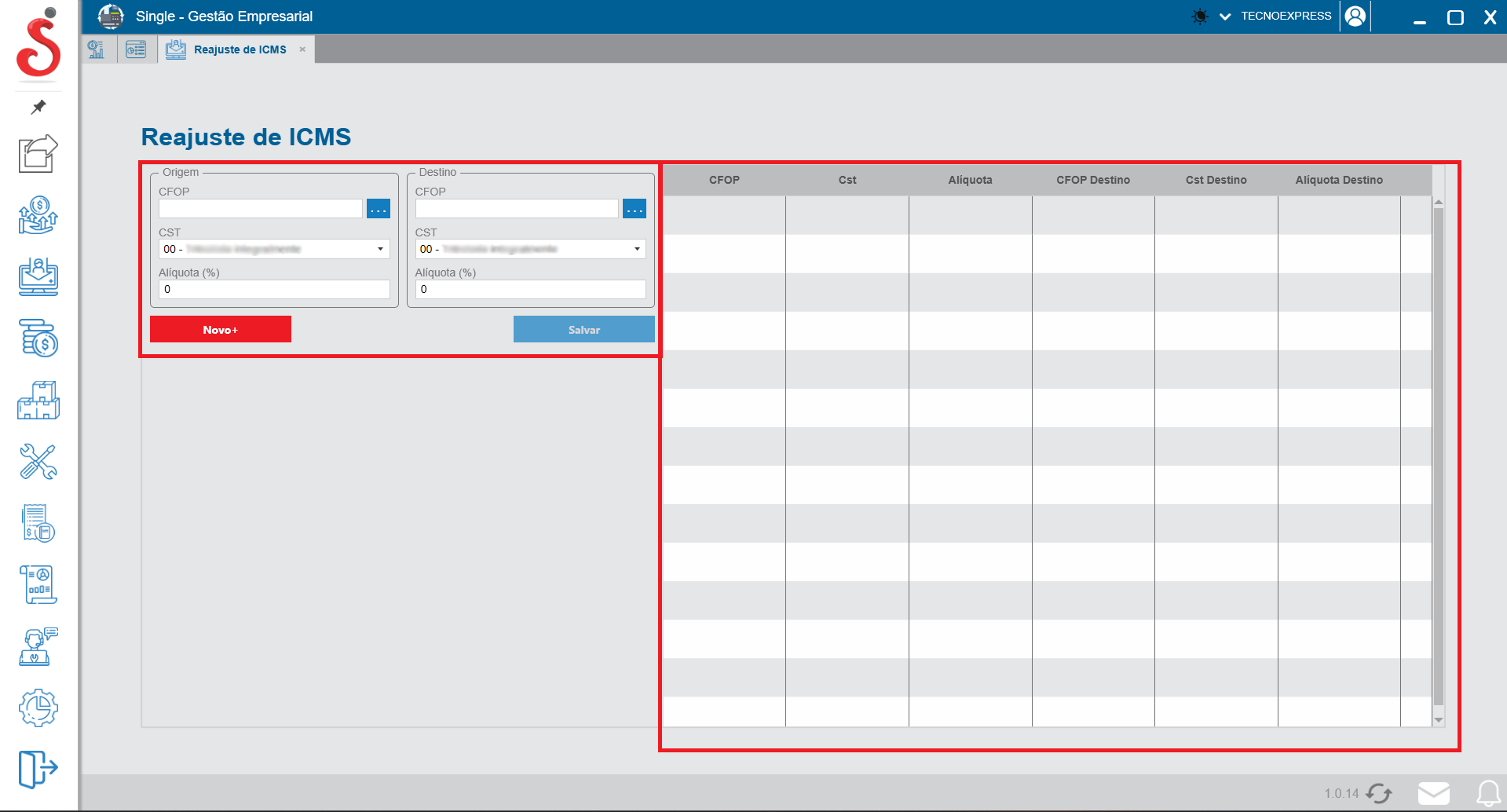 Tela de criação de regras e reajuste de ICMS