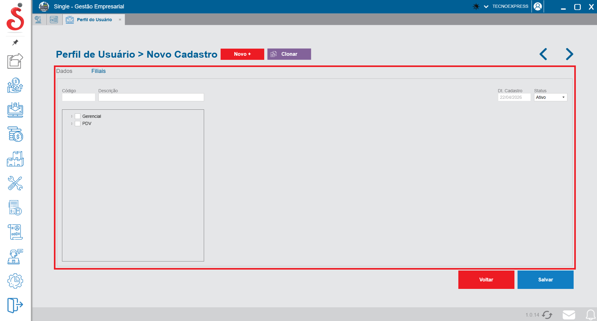 Tela de novo cadastro e árvore de permissões de perfil de usuário