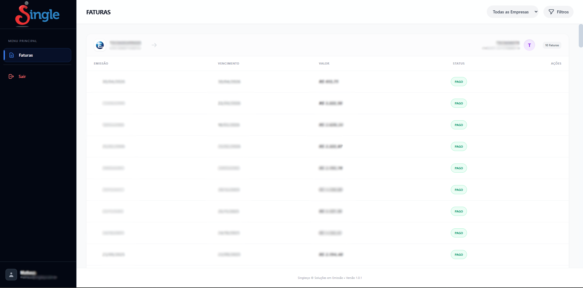 Visão geral do painel de faturas do cliente logado