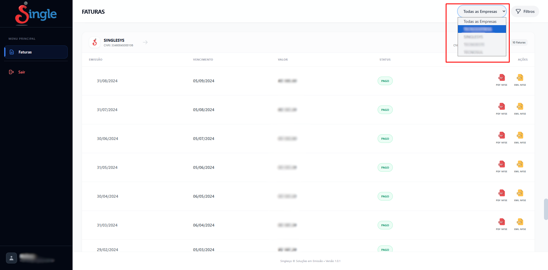 Menu dropdown para filtragem e alternância entre múltiplas empresas