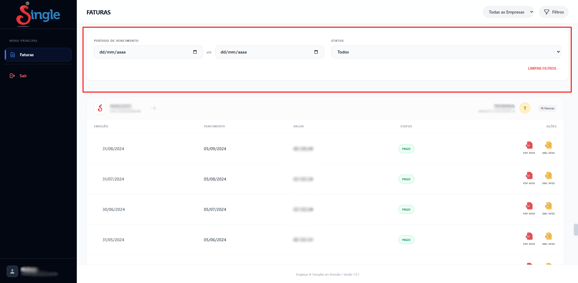 Destaque para o bloco de filtros por período e status
