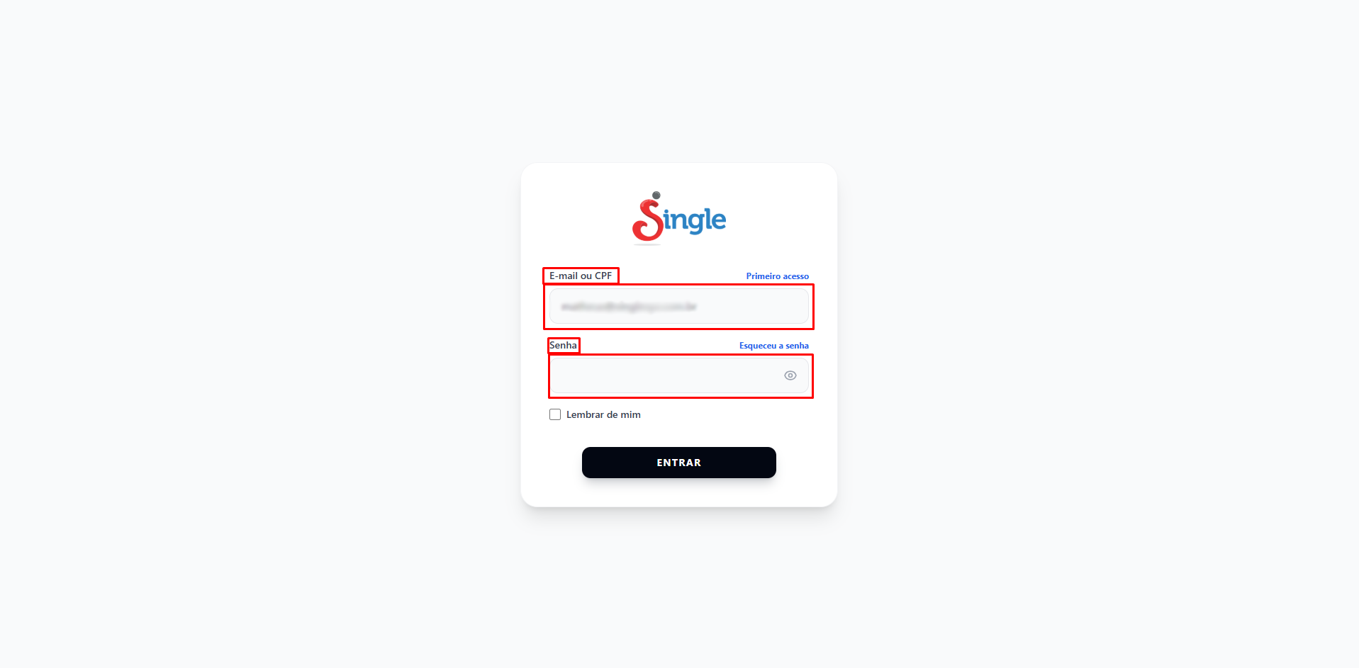 Destaque para os campos de preenchimento de login e senha