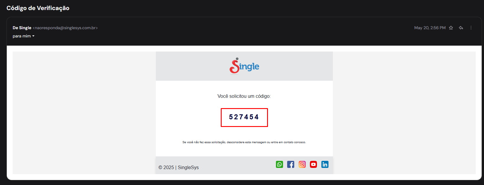 Exemplo de e-mail com o código numérico de verificação