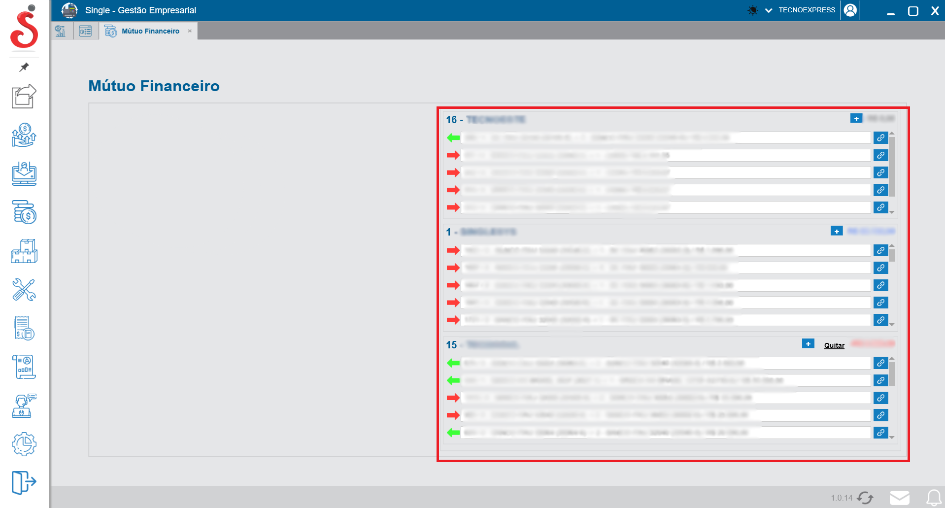 Tela de controle de mútuo financeiro entre empresas