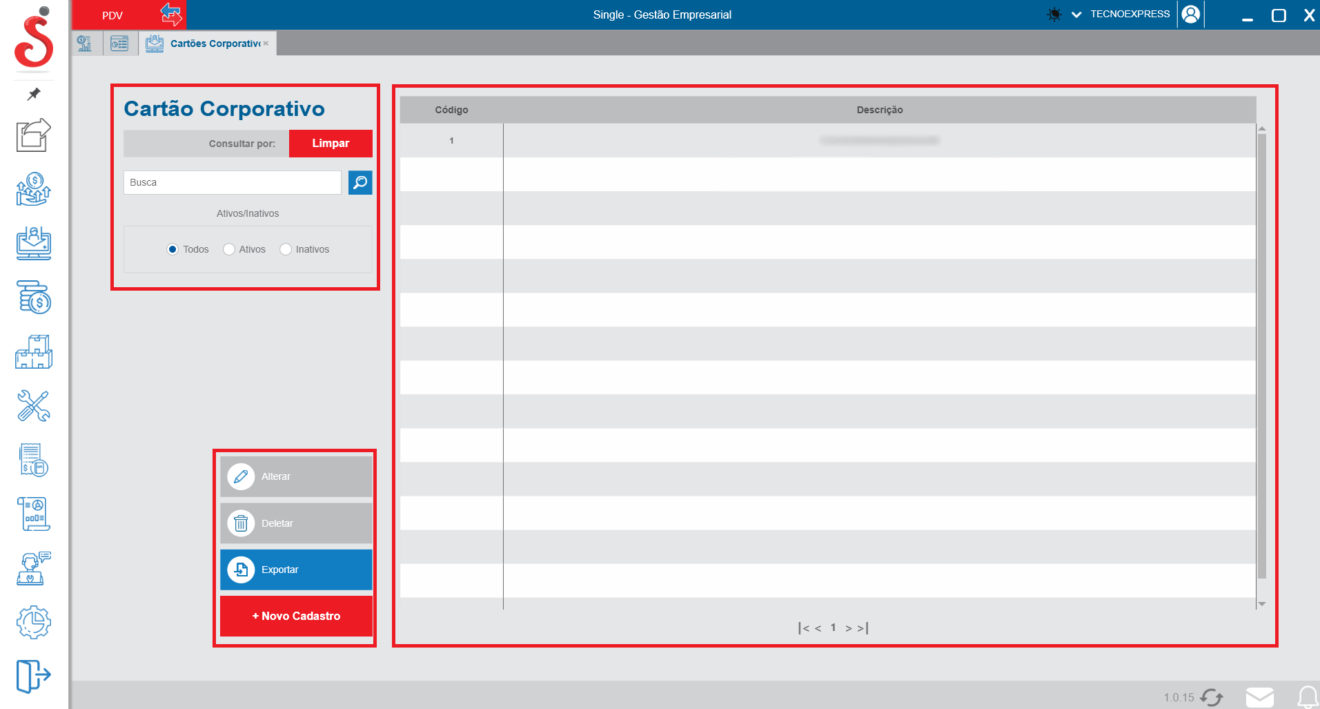 Tela inicial de busca de cartão corporativo