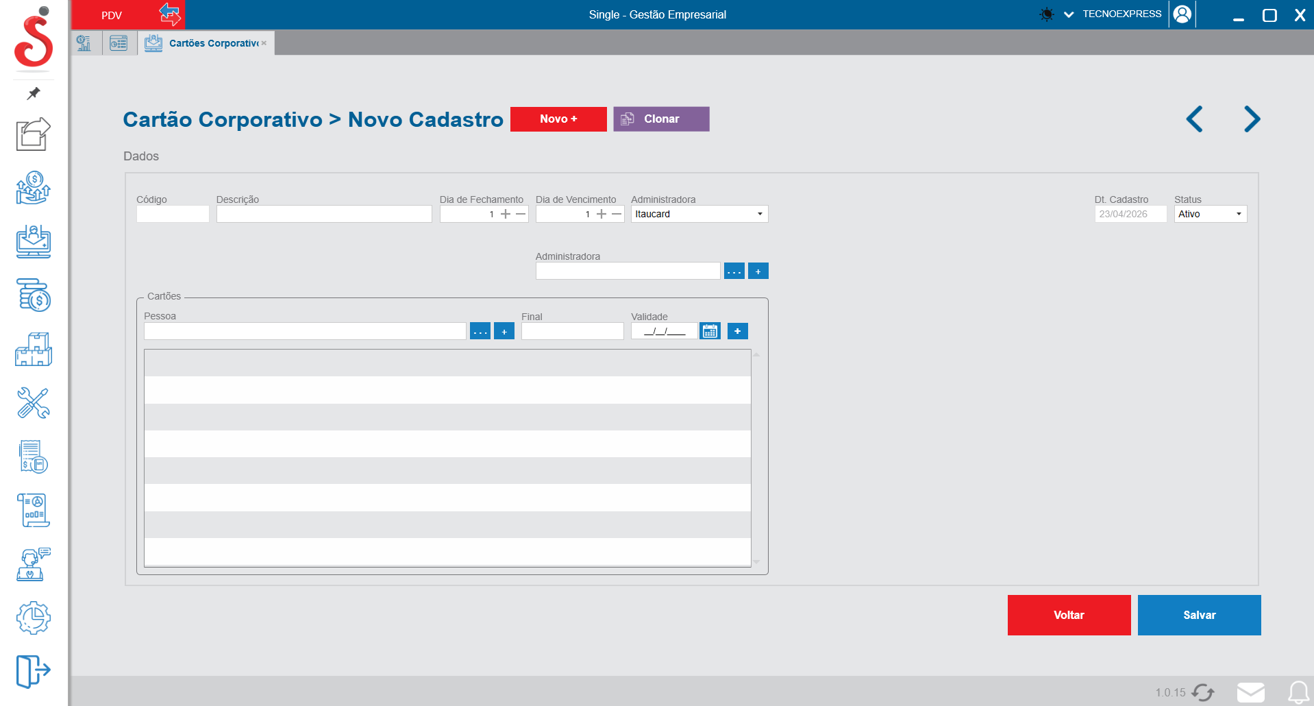 Tela de novo cadastro de cartão corporativo