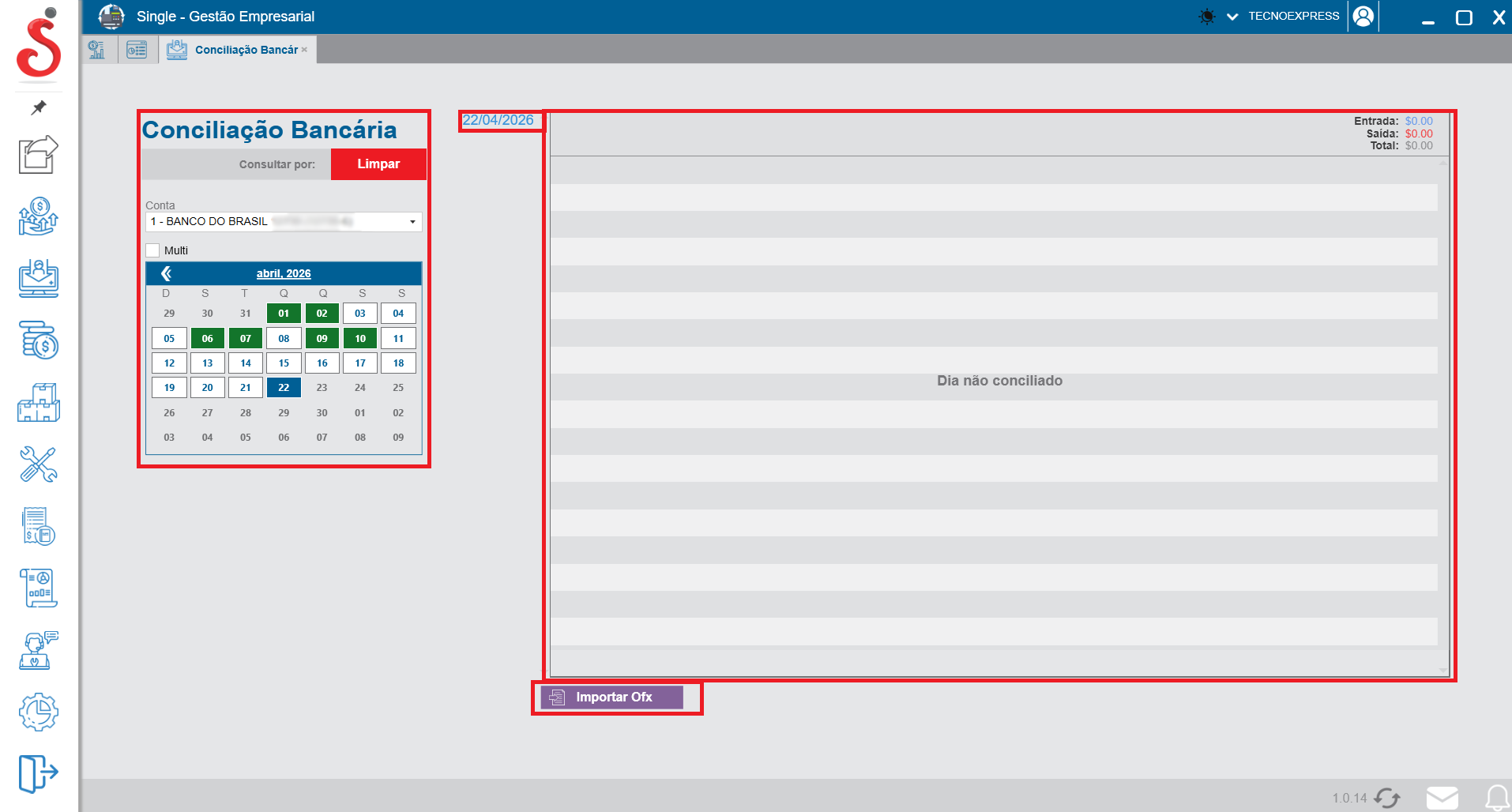 Tela inicial de conciliação bancária