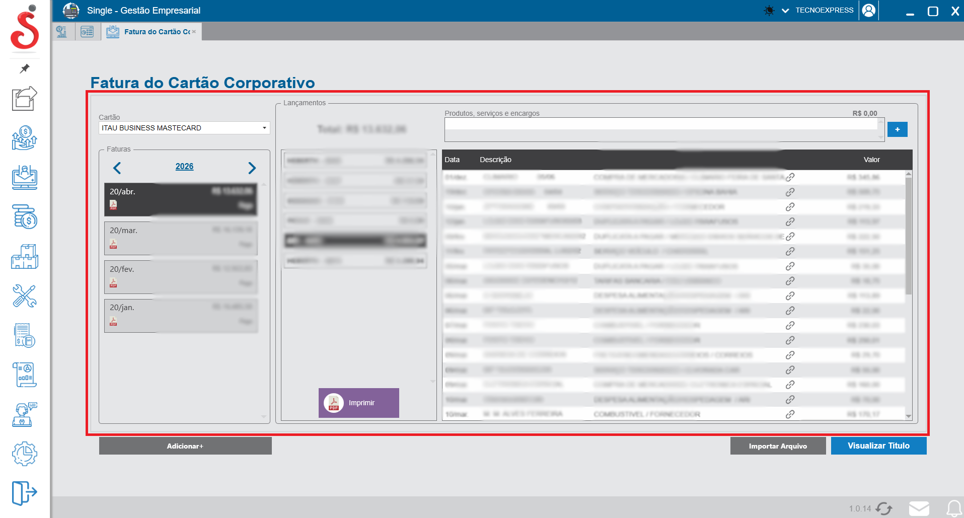 Tela inicial de busca de cartão corporativo