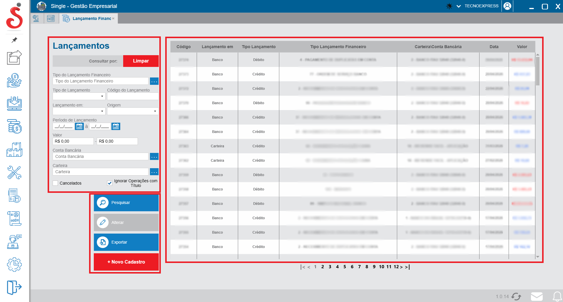 Tela inicial de busca de lançamentos financeiros