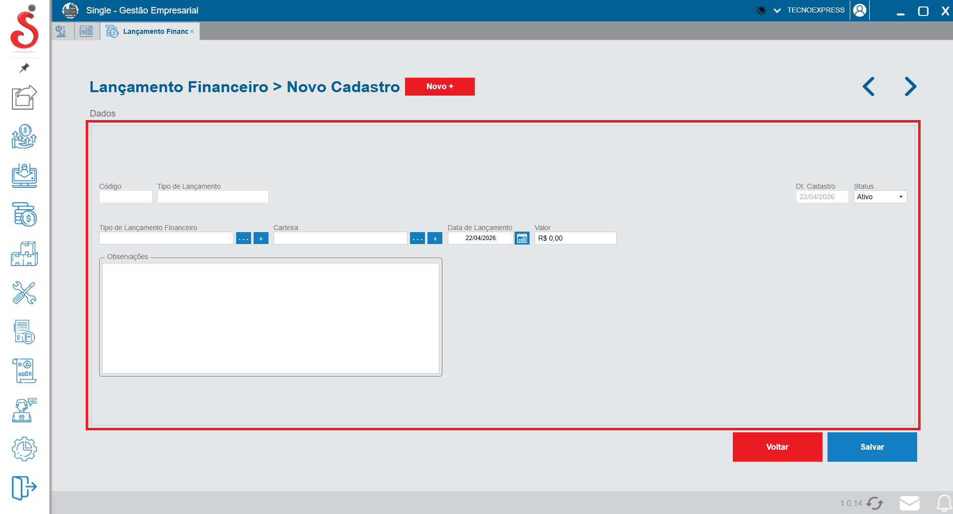 Tela de novo cadastro de lançamento financeiro