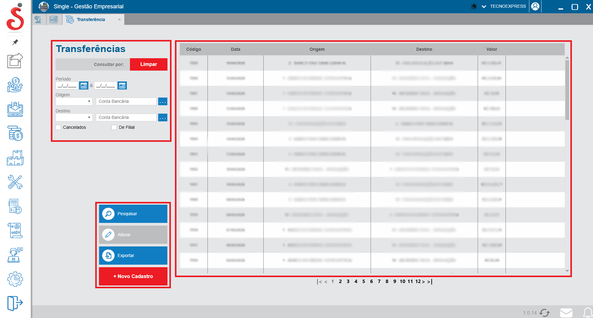 Tela inicial de busca de transferências