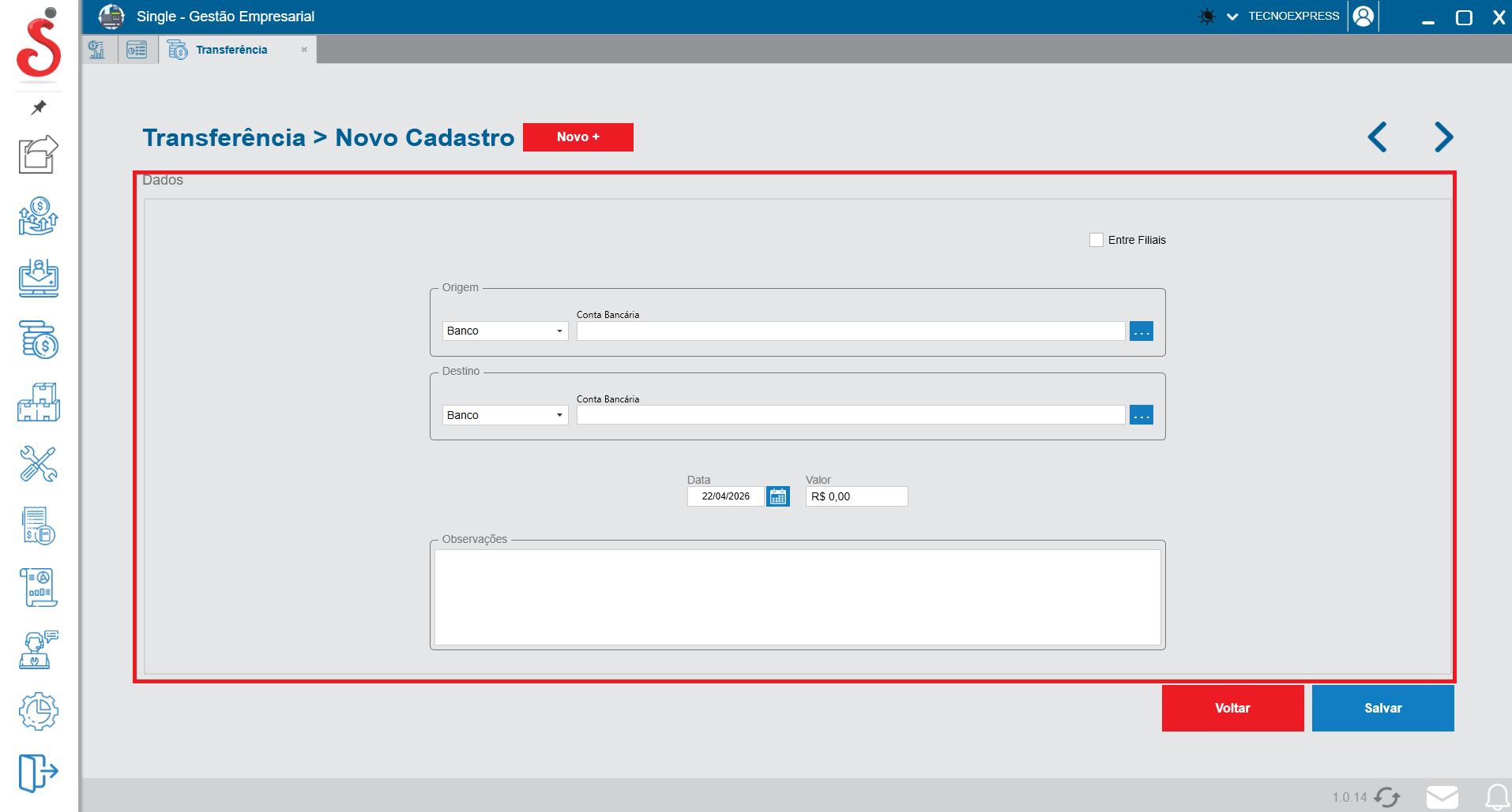 Tela de novo cadastro de transferência